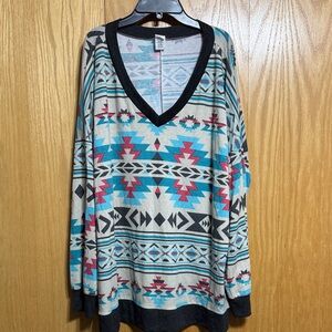 Sew In Love V-Neck Aztec Top in Teal, Red & Black on Gray